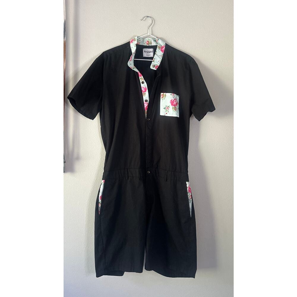 ROMPERJACK Floral Detail Short Sleeve Romper in Black Size L